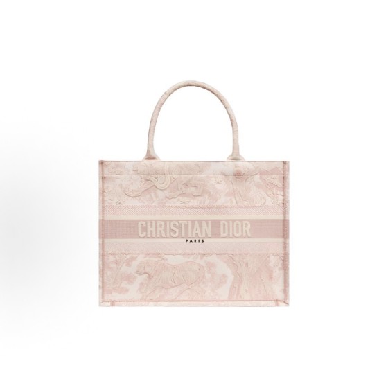 DIOR迪奥 BookTote 印花⽼⻁图案⼤容量 刺绣 ⼿提包 中号 ⼥款 糖果⾊拼粉⾊